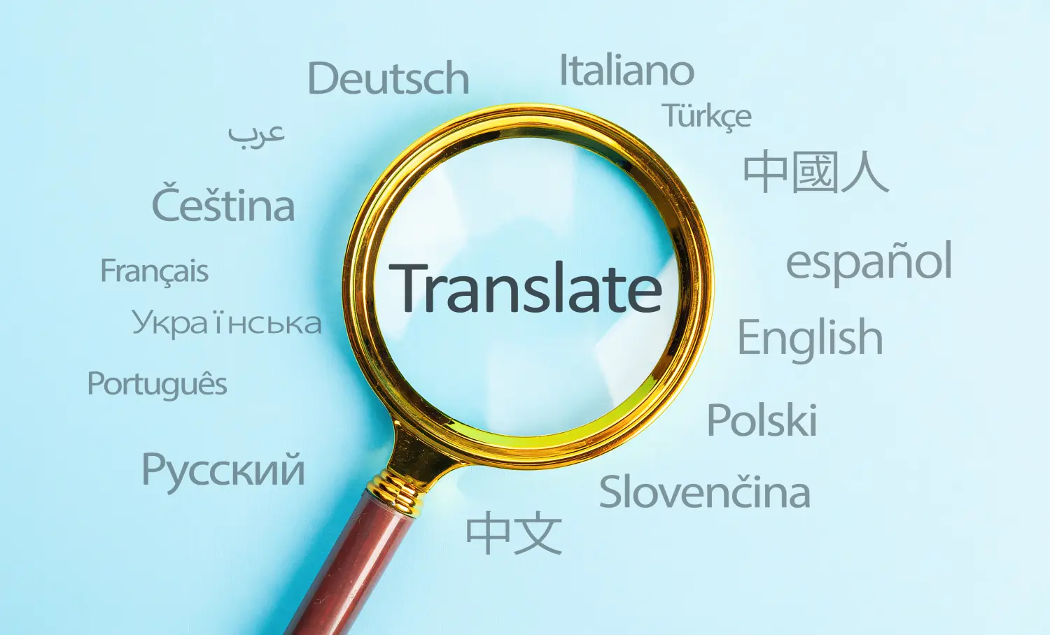 Text übersetzen, Suchkonzept für internationale Übersetzungen mit Lupe.